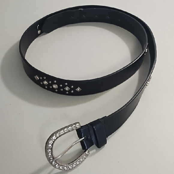 Black Belt Studded Silver Fleur-de-lis Studs & Rhinestones & Encrusted Buckle - Picture 1 of 16